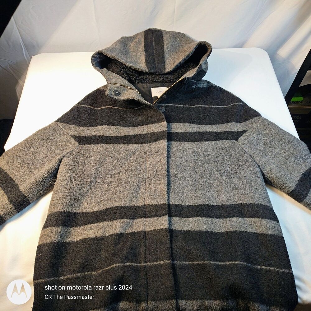 Ann Taylor LOFT Gray Black Striped Wool Blend Long Full Zip Coat*The Passmaster*